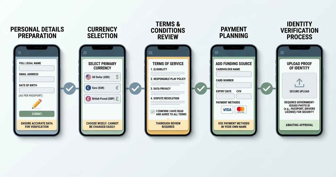 Illustration of a five-step registration checklist covering account details, currency, terms, payment planning and identity verification