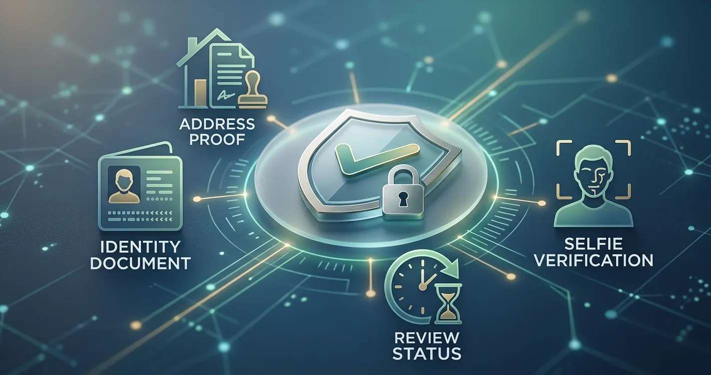 Illustration of identity-verification preparation using generic identity, selfie, address and review-status symbols