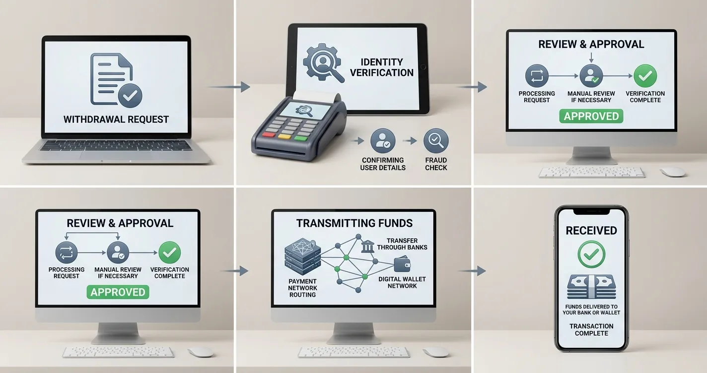 Illustration of a withdrawal process from request through verification and payment receipt