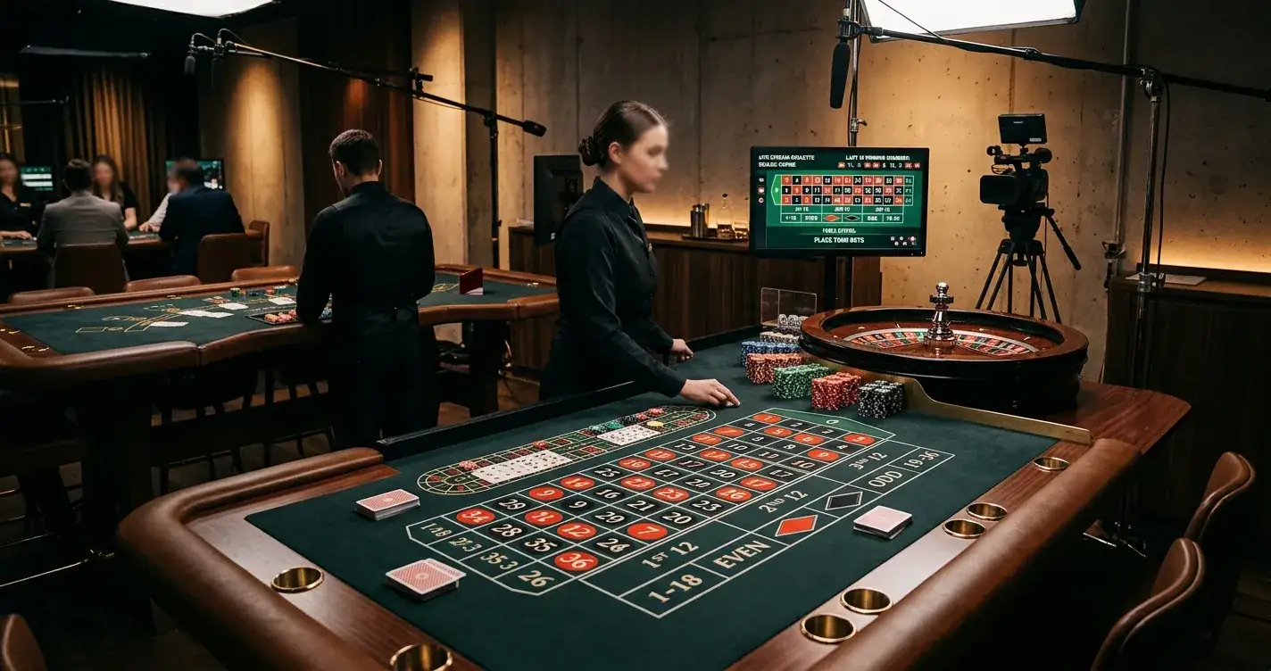 Editorial illustration of an unbranded live dealer table with roulette and blackjack motifs