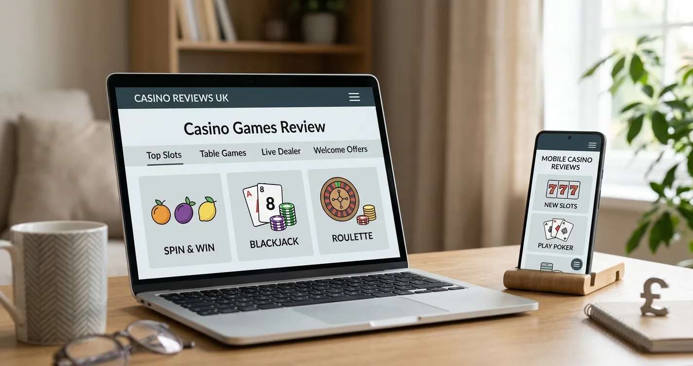 Editorial illustration of laptop and phone screens with abstract casino motifs and UK context