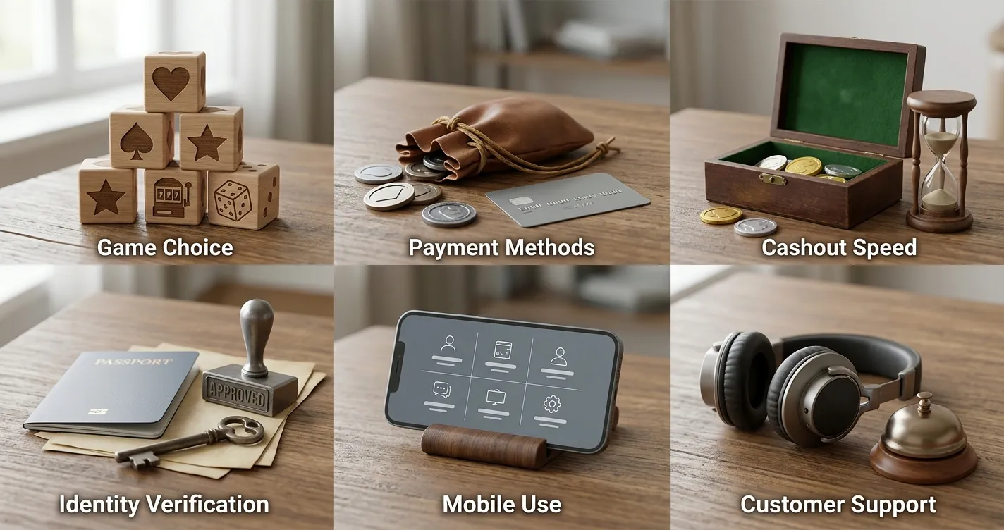 Decision checklist covering games, payments, withdrawals, KYC, mobile access and support